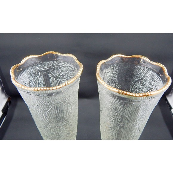 Jeannette Glass Harp Pattern Gold Trimmed Footed Vase Pair - Picture 9 of 11
